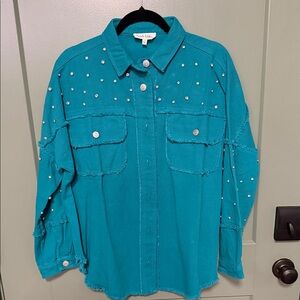 Peach Love Teal with Rhinestone Frayed-Pocket Shirt